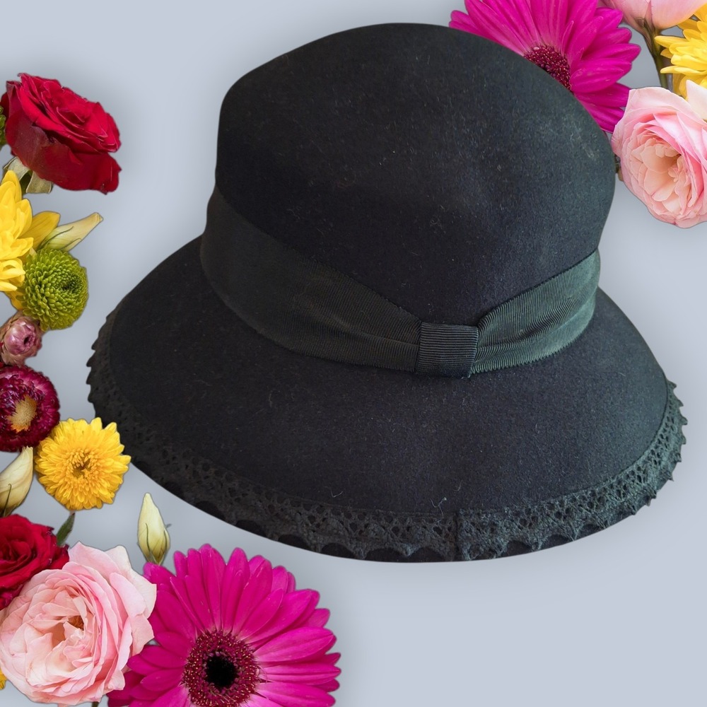 Vintage Coldwater Creek Bucket Hat 100% Wool Crochet Banded Classic Black Retro